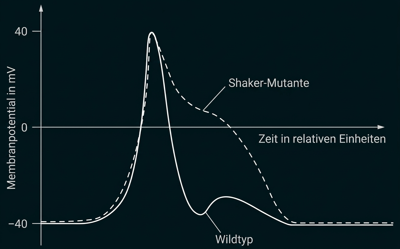Diagramm eines Aktionspotenzials: Membranpotenzial über der Zeit bei Shaker-Mutante und Wildtyp.